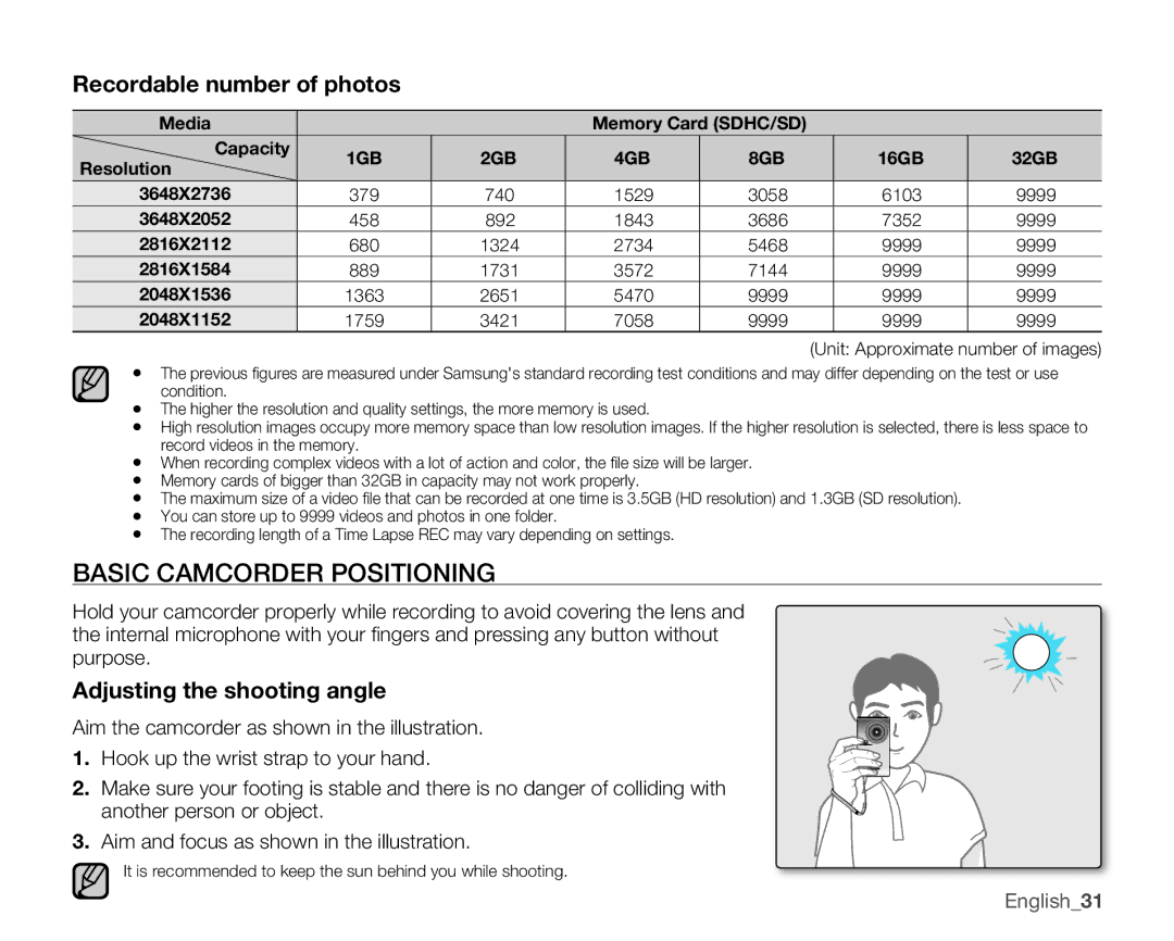 Samsung HMX-U100SN, HMX-U10EN Basic Camcorder Positioning, Recordable number of photos, Adjusting the shooting angle 