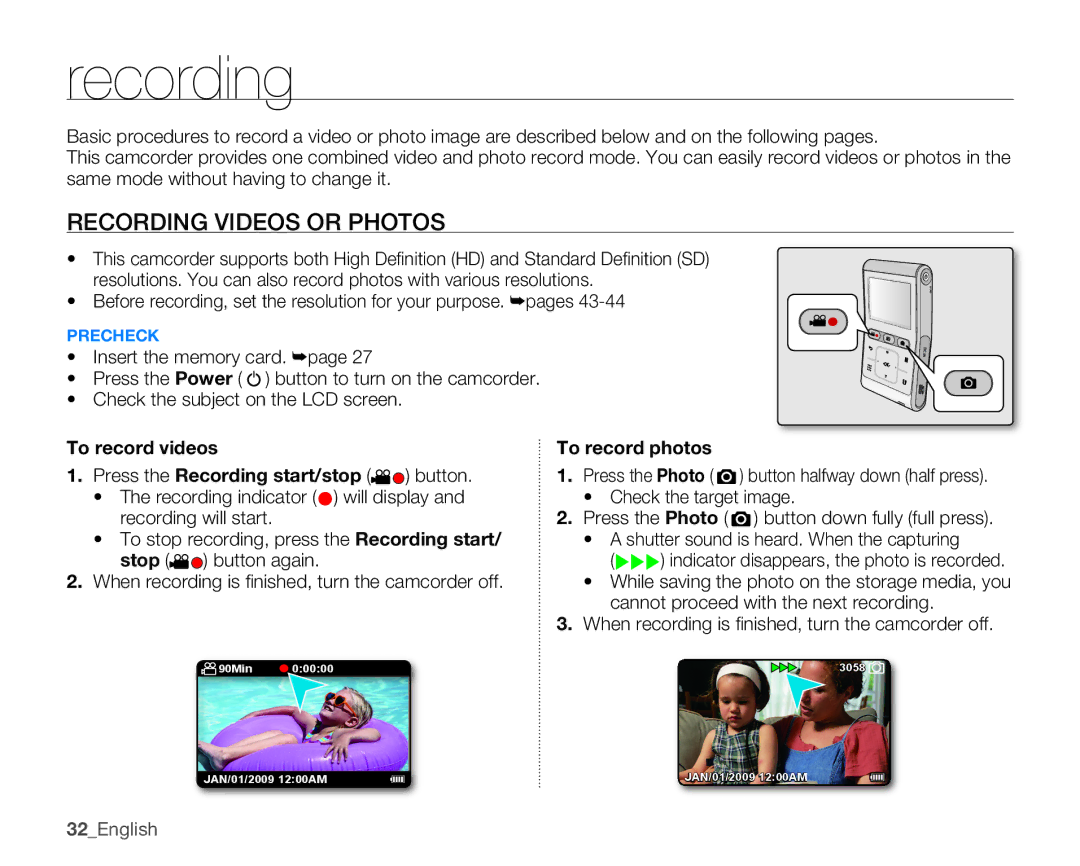 Samsung HMX-U100 Recording Videos or Photos, To record videos Press the Recording start/stop button, To record photos 