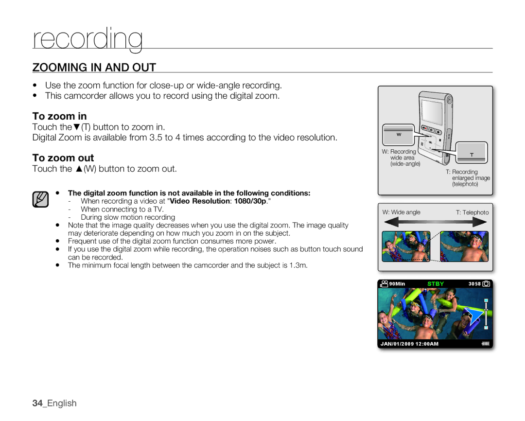 Samsung HMX-U10RN, HMX-U10EN, HMX-U100RN, HMX-U100UN Zooming in and OUT, To zoom out, Touch the W button to zoom out 