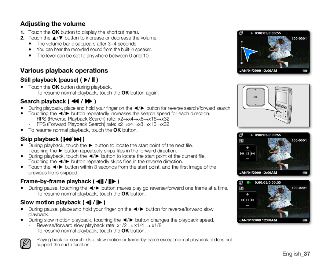 Samsung HMX-U100RN, HMX-U10EN, HMX-U100UN, HMX-U100EN, HMX-U10BN, HMX-U100BN Adjusting the volume, Various playback operations 