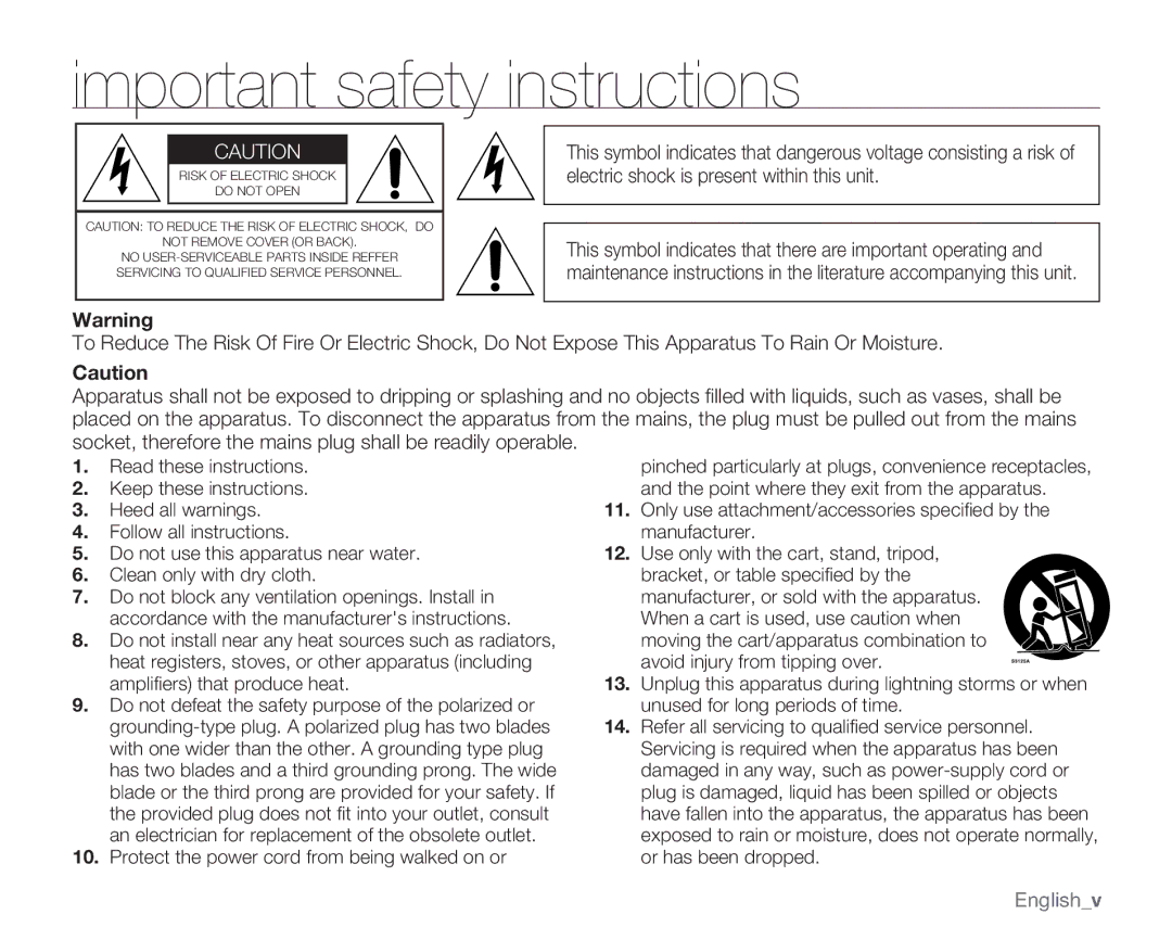 Samsung HMX-U10EN, HMX-U100RN, HMX-U100UN Important safety instructions, Protect the power cord from being walked on or 