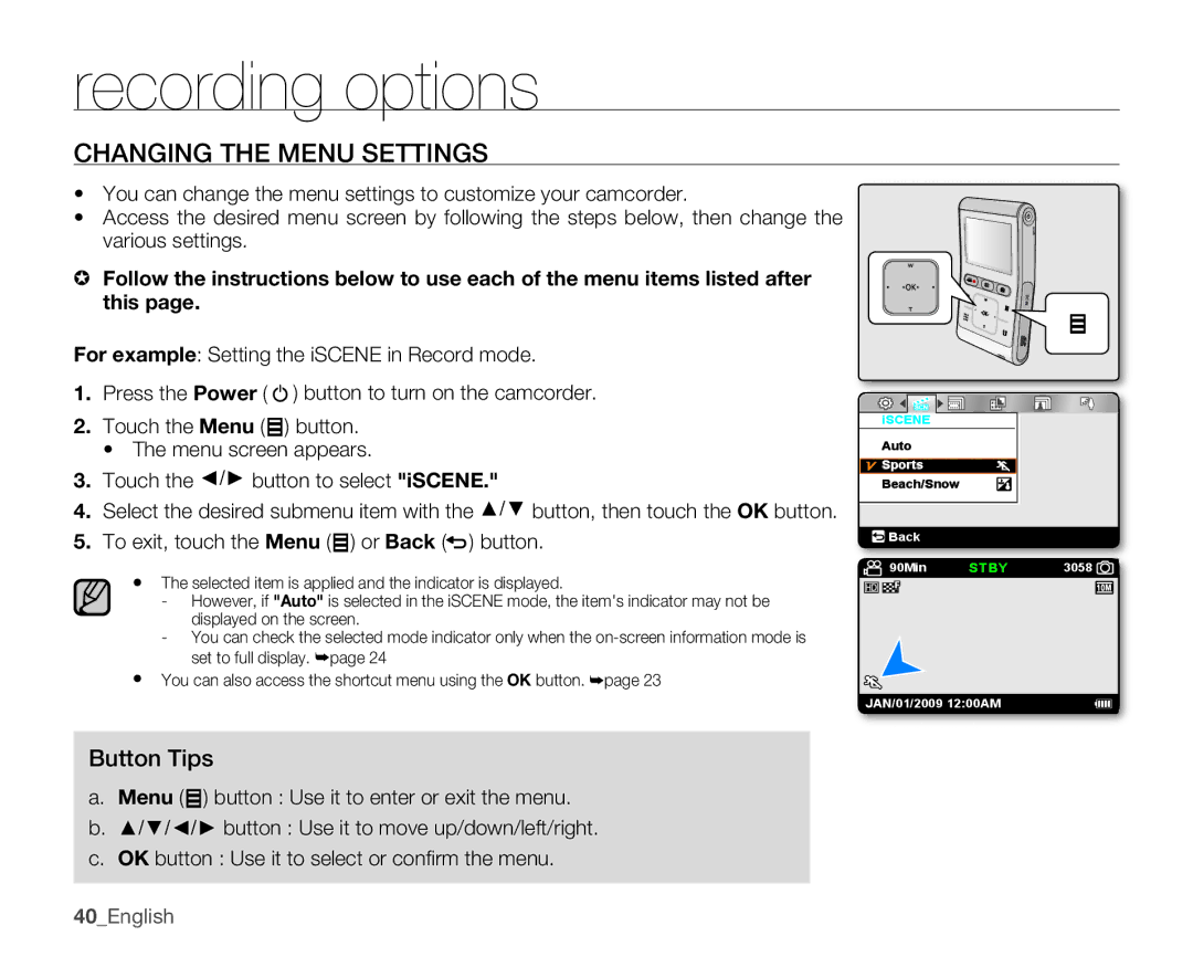 Samsung HMX-U10BN, HMX-U10EN, HMX-U100RN, HMX-U100UN, HMX-U100EN, HMX-U100BN Recording options, Changing the Menu Settings 