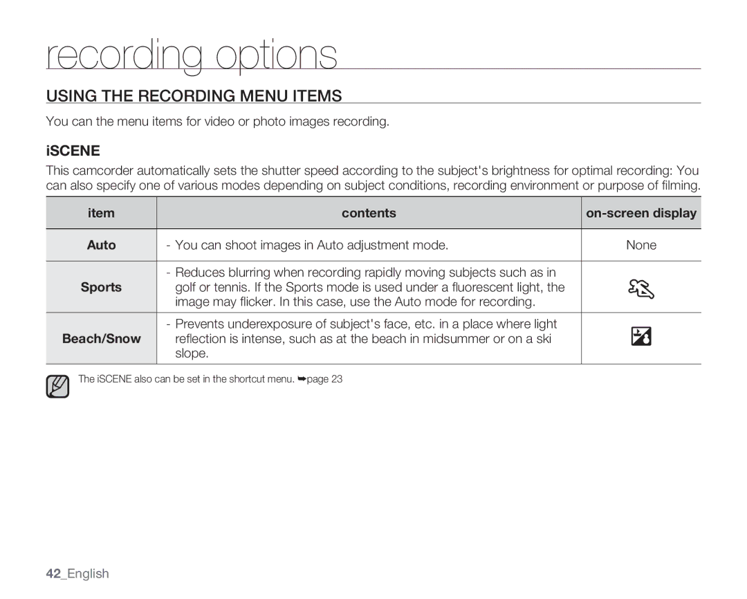 Samsung HMX-U100BN, HMX-U10EN, HMX-U100RN, HMX-U100UN, HMX-U100EN, HMX-U10BN Using the Recording Menu Items, Iscene, Contents 