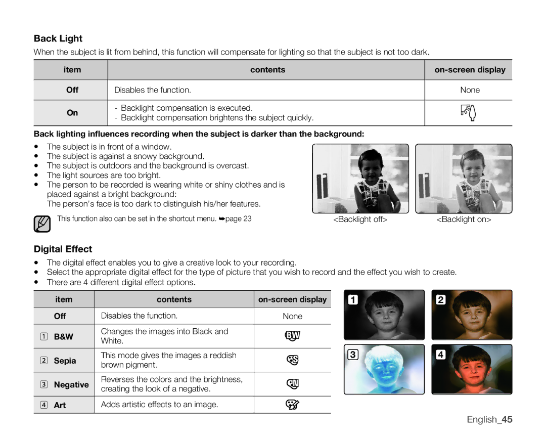 Samsung HMX-U10UN, HMX-U10EN, HMX-U100RN, HMX-U100UN, HMX-U100EN, HMX-U10BN, HMX-U100BN, HMX-U100SN Back Light, Digital Effect 