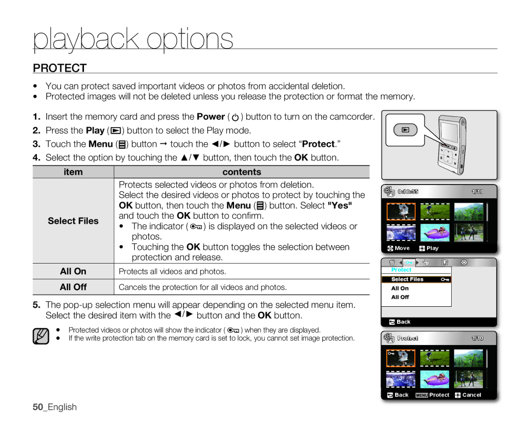 Samsung HMX-U100UN, HMX-U10EN Protects selected videos or photos from deletion, Touch the Ok button to confi rm 