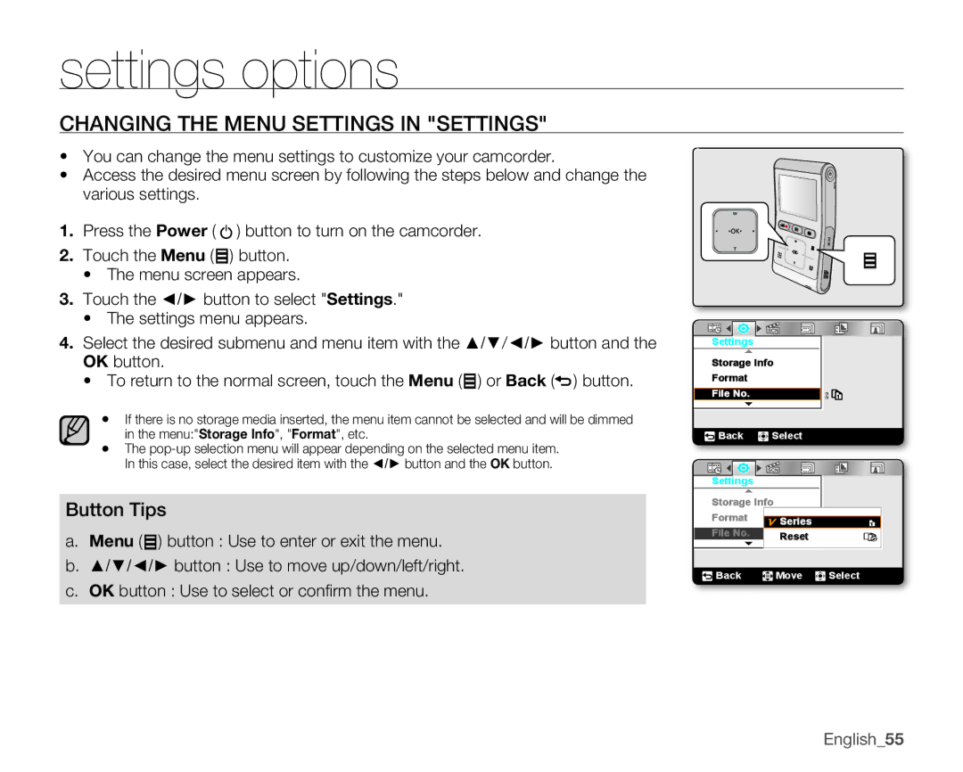 Samsung HMX-U100SN, HMX-U10EN, HMX-U100RN, HMX-U100UN, HMX-U100EN Settings options, Changing the Menu Settings in Settings 