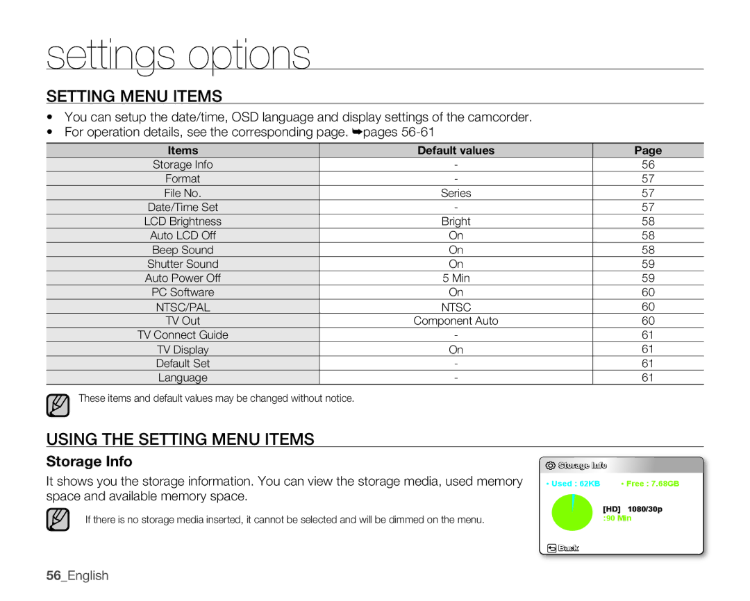 Samsung HMX-U10EN, HMX-U100RN, HMX-U100UN, HMX-U100EN, HMX-U10BN, HMX-U100BN Using the Setting Menu Items, Storage Info 