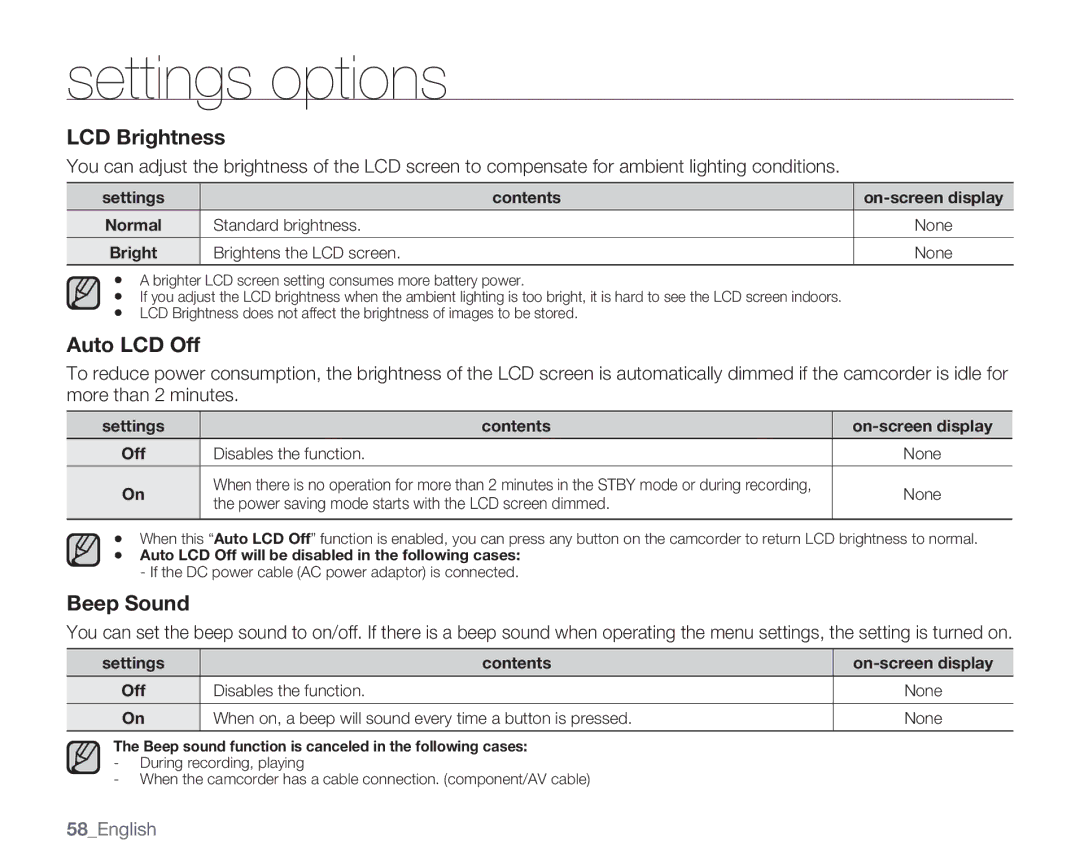 Samsung HMX-U10RN, HMX-U10EN, HMX-U100RN, HMX-U100UN, HMX-U100EN, HMX-U10BN, HMX-U10UN LCD Brightness, Auto LCD Off, Beep Sound 