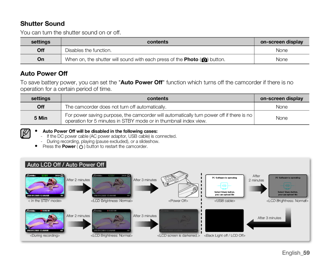 Samsung HMX-U10SN, HMX-U10EN, HMX-U100RN Shutter Sound, Auto Power Off, You can turn the shutter sound on or off, Min 