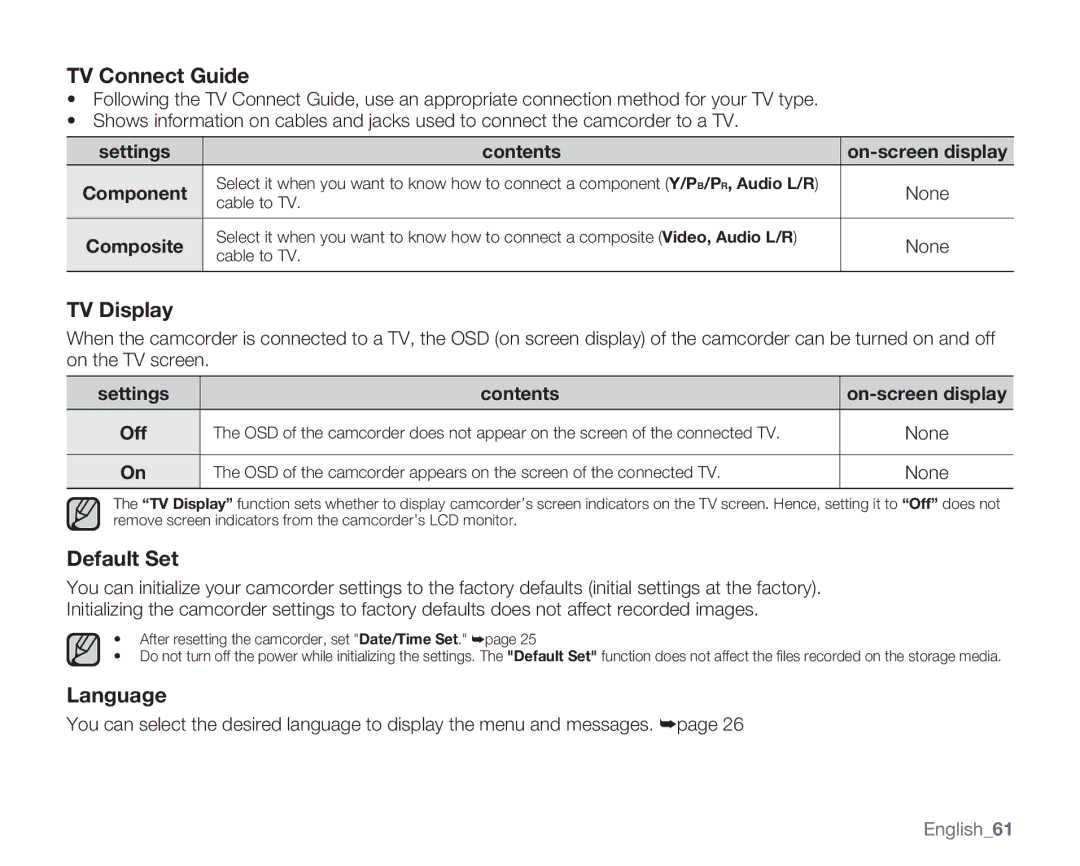 Samsung HMX-U100RN, HMX-U10EN, HMX-U100UN, HMX-U100EN TV Connect Guide, TV Display, Default Set, Language, Settings Contents 