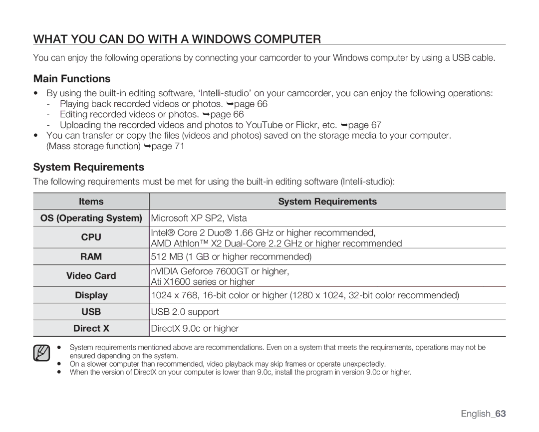 Samsung HMX-U100EN, HMX-U10EN What YOU can do with a Windows Computer, Main Functions, Items System Requirements 