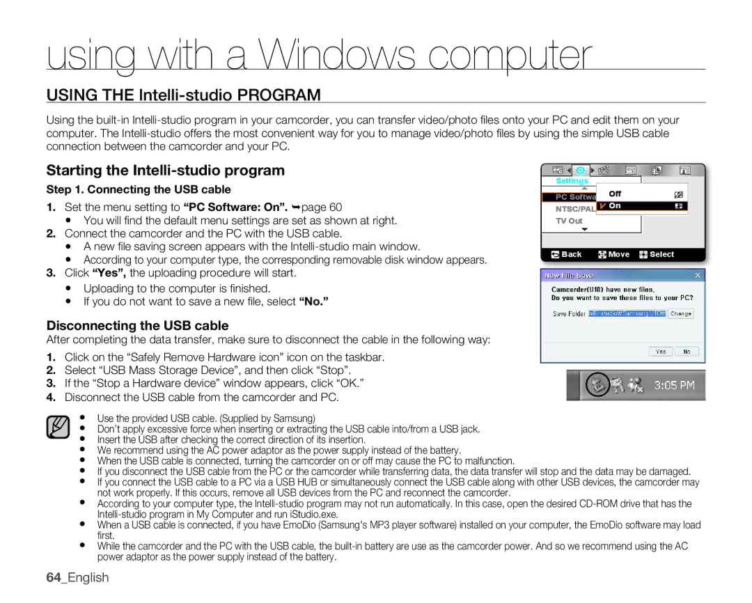 Samsung HMX-U10BN, HMX-U10EN Starting the Intelli-studio program, Disconnecting the USB cable, Connecting the USB cable 