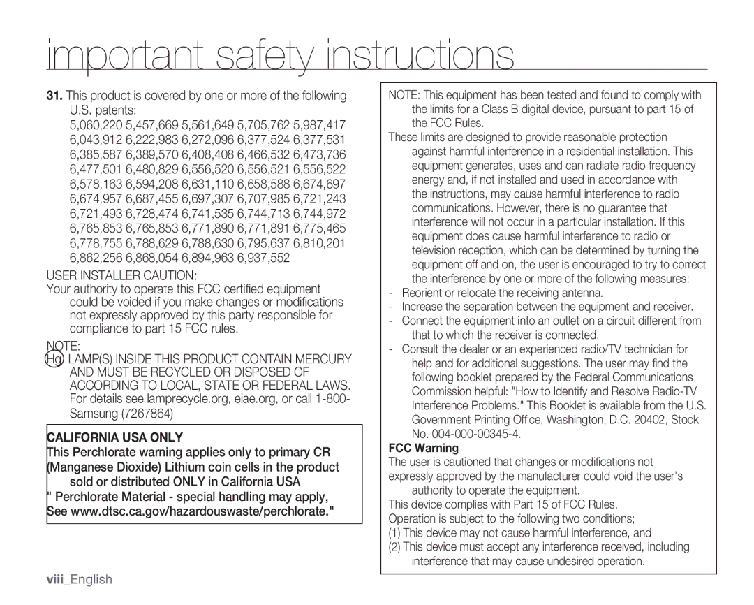 Samsung HMX-U10EN, HMX-U100RN, HMX-U100UN, HMX-U100EN User Installer Caution, Sold or distributed only in California USA 