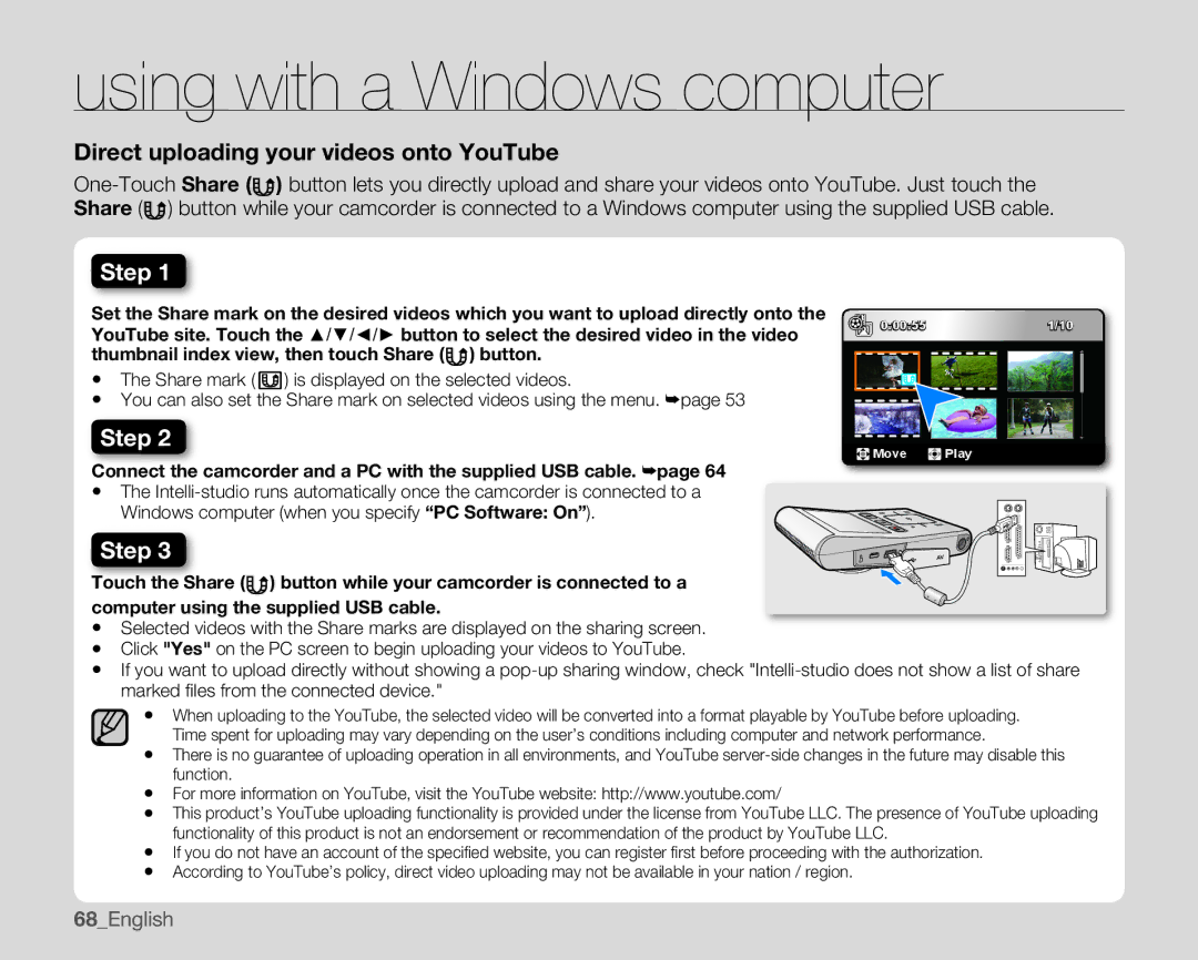 Samsung HMX-U100 Connect the camcorder and a PC with the supplied USB cable, Direct uploading your videos onto YouTube 