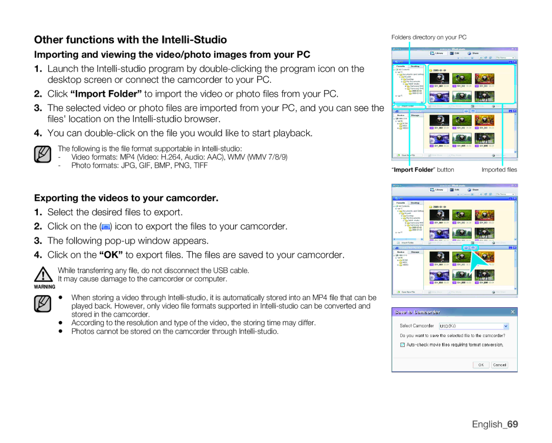 Samsung HMX-U10UN Other functions with the Intelli-Studio, Importing and viewing the video/photo images from your PC 