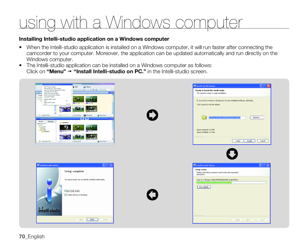 Samsung HMX-U10RN, HMX-U10EN Using with a Windows computer, Installing Intelli-studio application on a Windows computer 