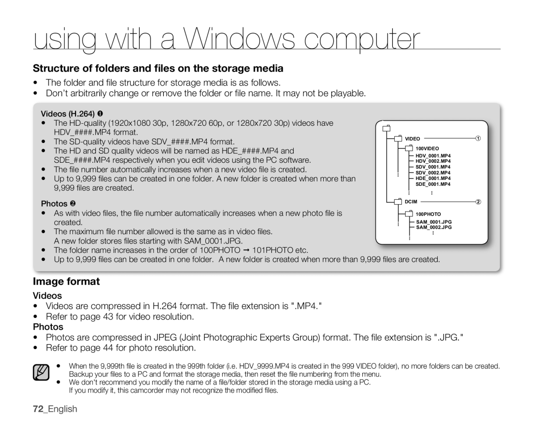 Samsung HMX-U10EN, HMX-U100RN, HMX-U100UN, HMX-U100EN Structure of folders and files on the storage media, Image format 