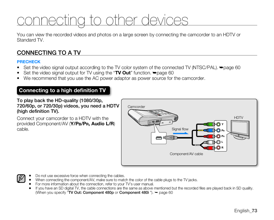 Samsung HMX-U100RN Connecting to other devices, Connecting to a TV, Provided Component/AV Y/PB/PR, Audio L/R Cable 