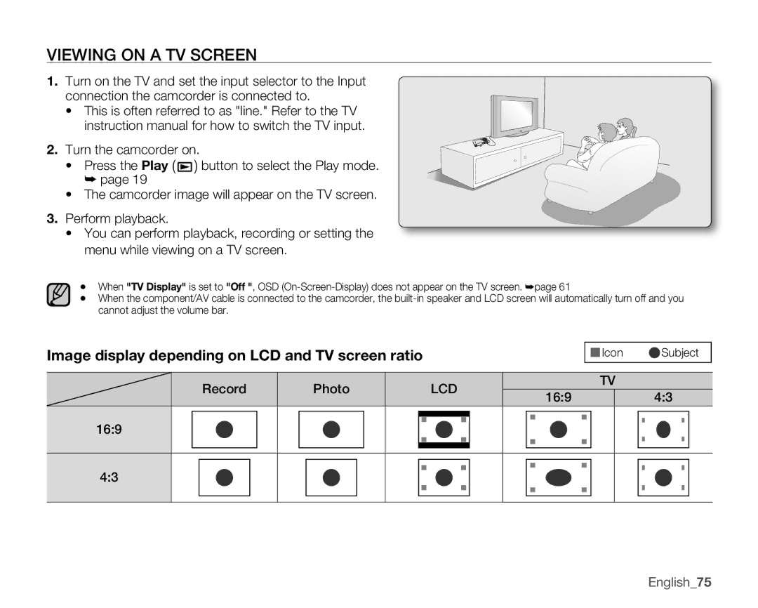 Samsung HMX-U100EN Viewing on a TV Screen, Image display depending on LCD and TV screen ratio, Record Photo, 169 