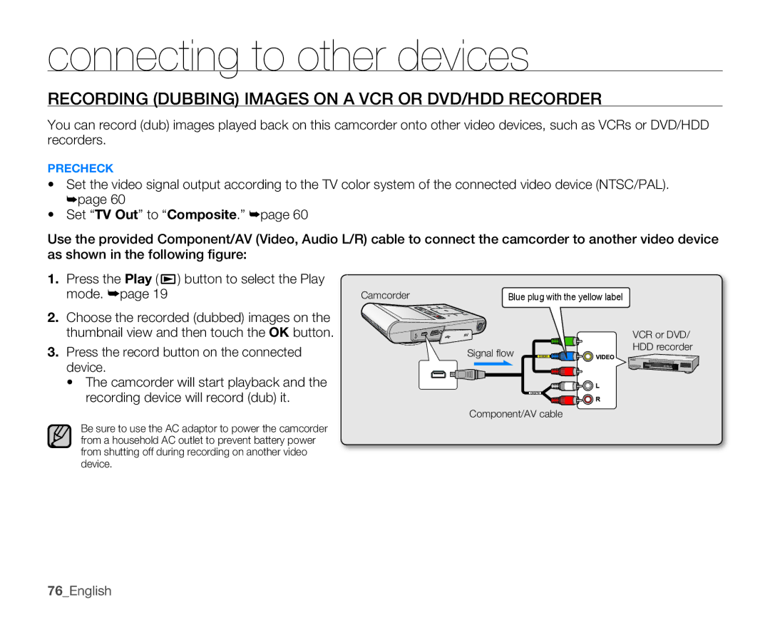 Samsung HMX-U10BN Recording Dubbing Images on a VCR or DVD/HDD Recorder, Press the record button on the connected 