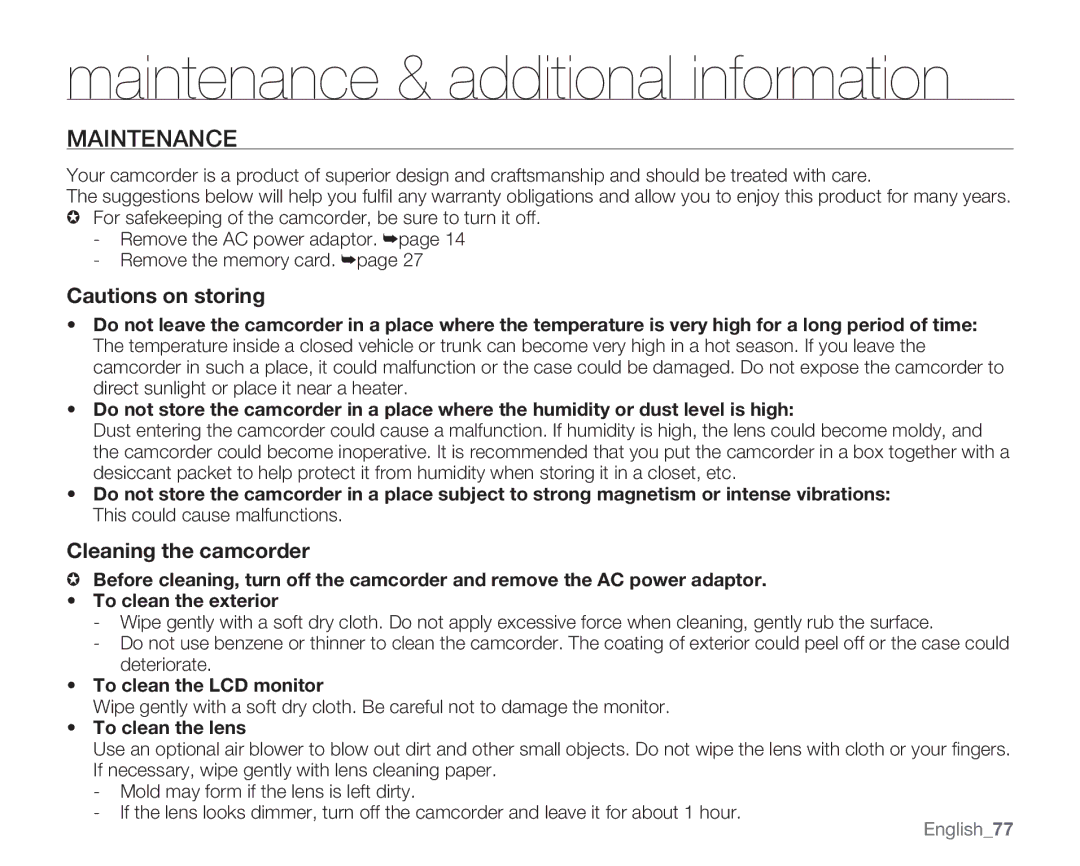 Samsung HMX-U10 Maintenance & additional information, Cleaning the camcorder, To clean the LCD monitor, To clean the lens 