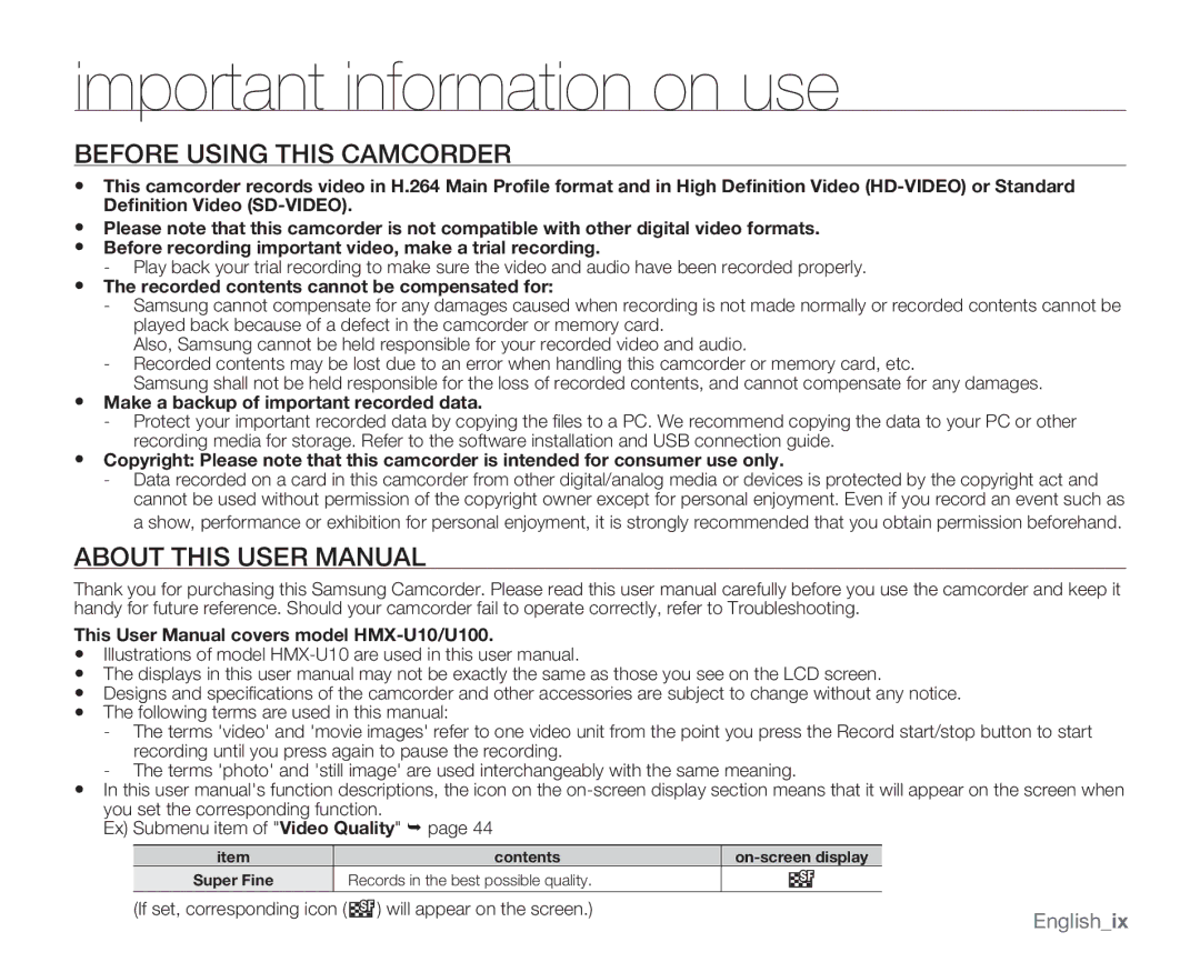 Samsung HMX-U10UN Important information on use, Before Using this Camcorder, Recorded contents cannot be compensated for 