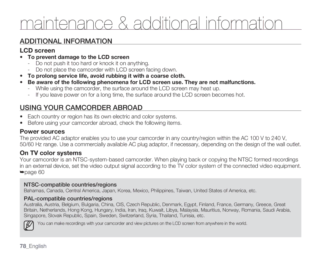 Samsung HMX-U100BN, HMX-U10EN, HMX-U100RN, HMX-U100UN Additional Information, LCD screen, Power sources, On TV color systems 