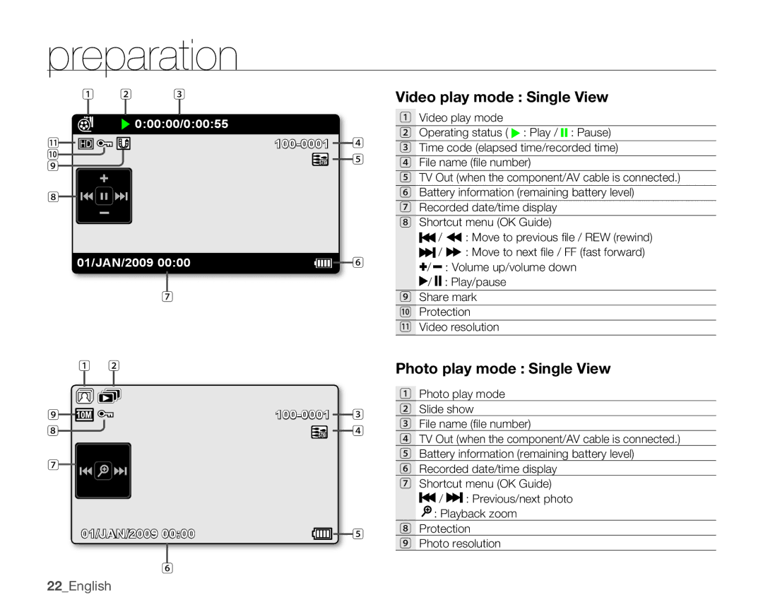 Samsung HMX-U10EP/U100EP, HMX-U10BP/U100BP, HMX-U10UP/U100UP Video play mode Single View, Photo play mode Single View 