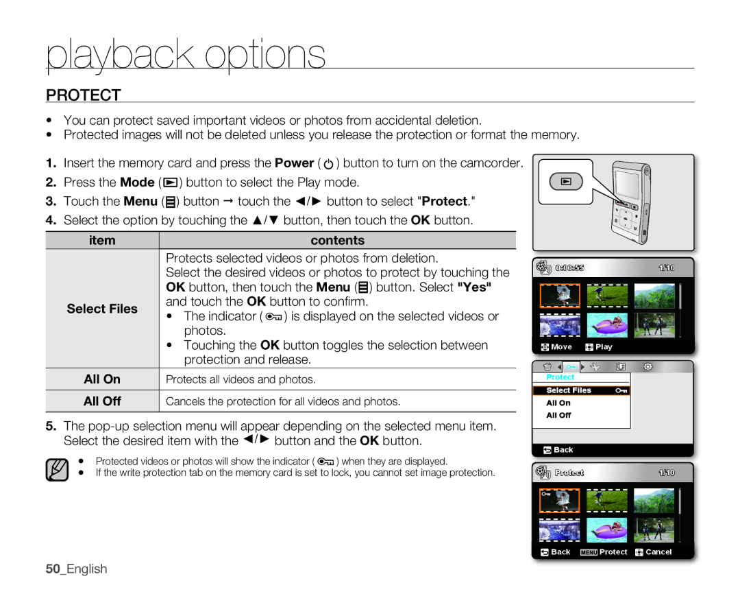 Samsung HMX-U10RP/U100RP user manual Protects selected videos or photos from deletion, Touch the Ok button to confi rm 