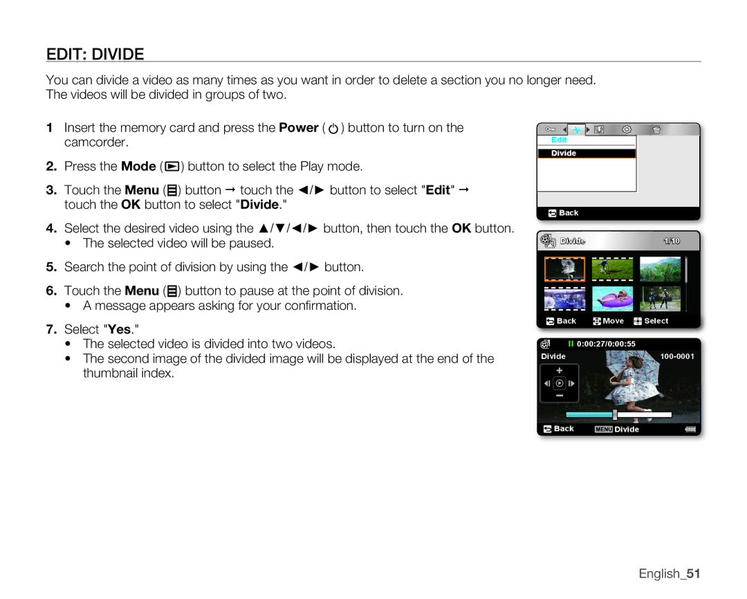 Samsung HMX-U10SP/U100SP, HMX-U10EP/U100EP, HMX-U10BP/U100BP, HMX-U10UP/U100UP, HMX-U10RP/U100RP user manual Edit Divide 