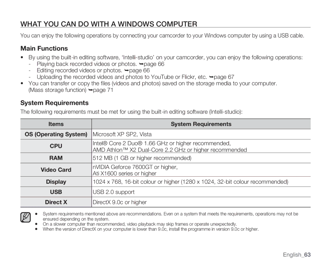 Samsung HMX-U10BP/U100BP, HMX-U10EP/U100EP What YOU can do with a Windows Computer, Main Functions, System Requirements 