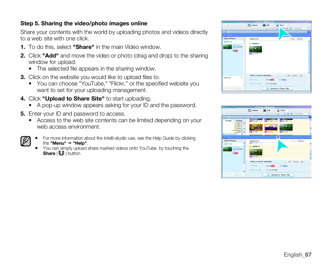 Samsung HMX-U10EP/U100EP, HMX-U10BP/U100BP, HMX-U10UP/U100UP user manual Sharing the video/photo images online, English67 