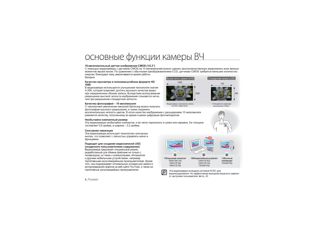 Samsung HMX-U10SP/XER, HMX-U10RP/XER, HMX-U10BP/XER, HMX-U10UP/XER manual Основные функции камеры ВЧ 