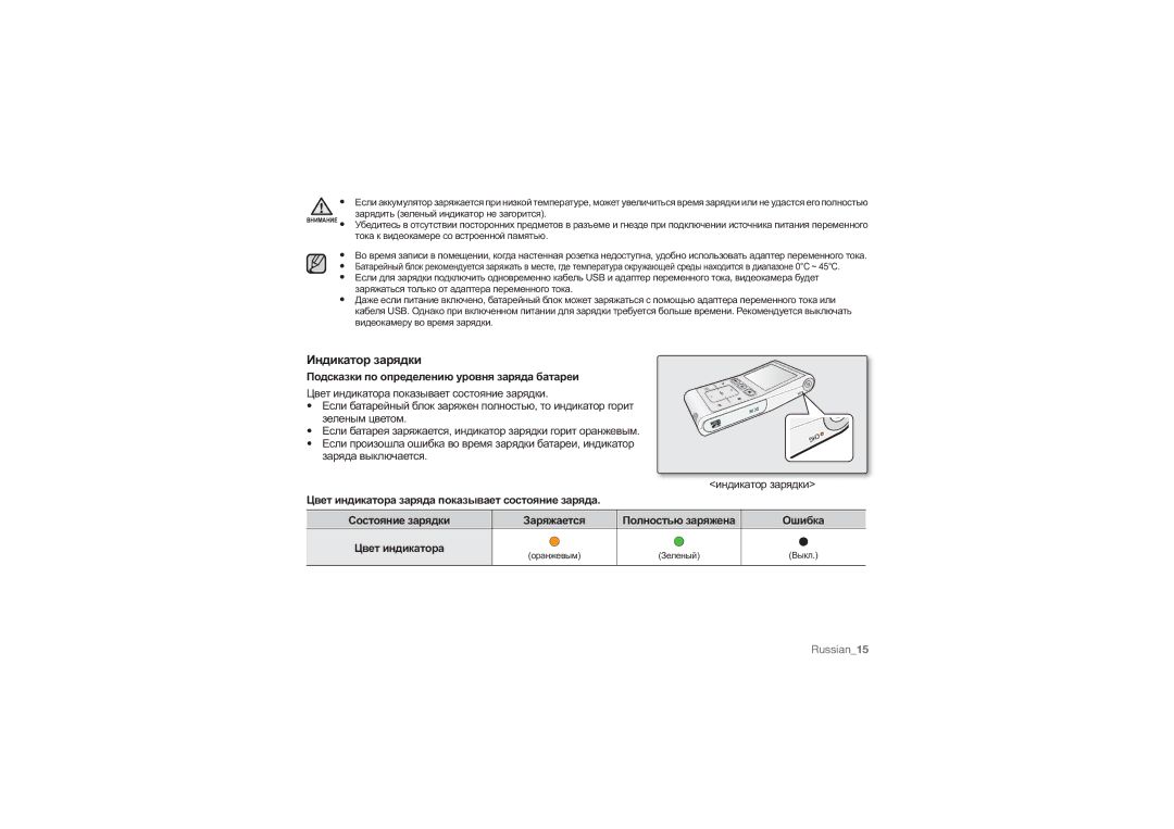 Samsung HMX-U10UP/XER, HMX-U10RP/XER Индикатор зарядки, Подсказки по определению уровня заряда батареи, Цвет индикатора 