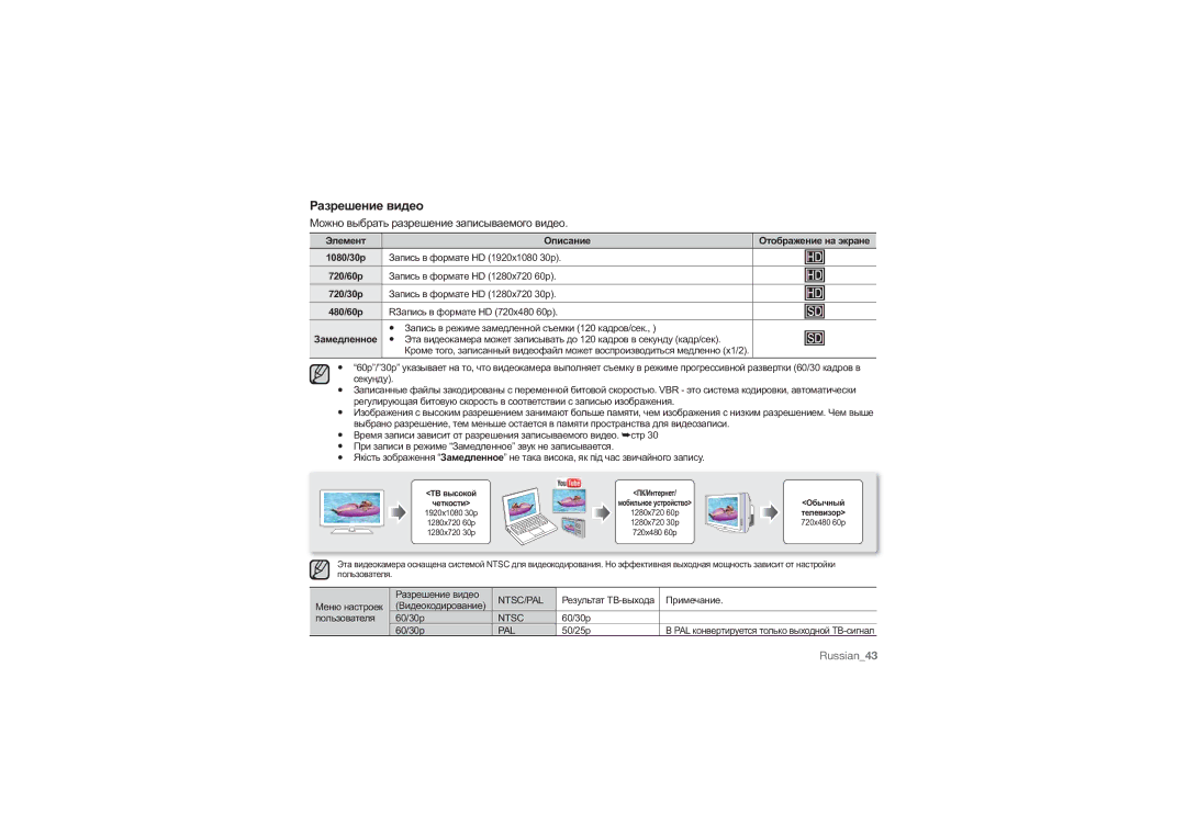 Samsung HMX-U10UP/XER, HMX-U10RP/XER, HMX-U10BP/XER manual Разрешение видео, Можно выбрать разрешение записываемого видео 