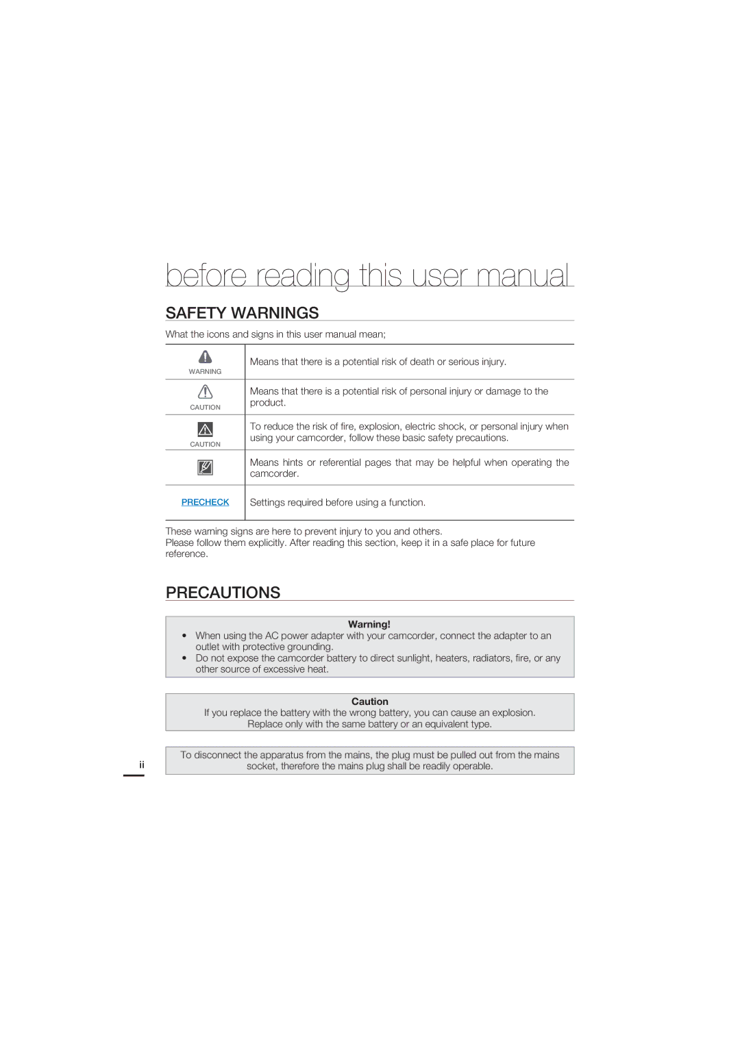 Samsung HMX-U15OP/EDC, HMX-U15BP/EDC, HMX-U15WP/EDC, HMX-U15LP/EDC manual Safety Warnings, Precautions 