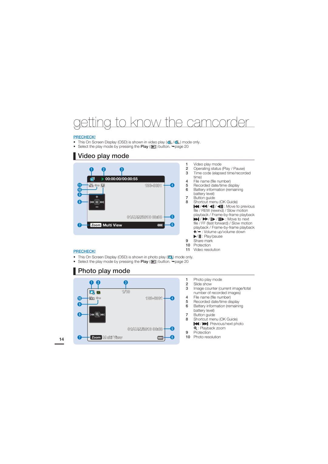 Samsung HMX-U15BP/EDC, HMX-U15WP/EDC, HMX-U15OP/EDC, HMX-U15LP/EDC manual Video play mode, Photo play mode 