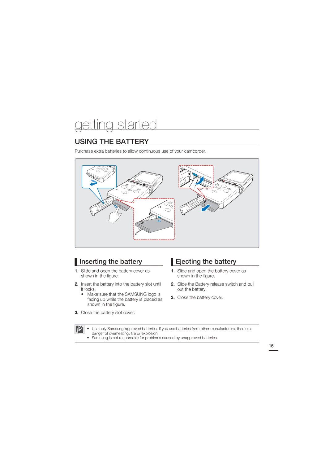 Samsung HMX-U15WP/EDC, HMX-U15BP/EDC manual Getting started, Using the Battery, Inserting the battery Ejecting the battery 