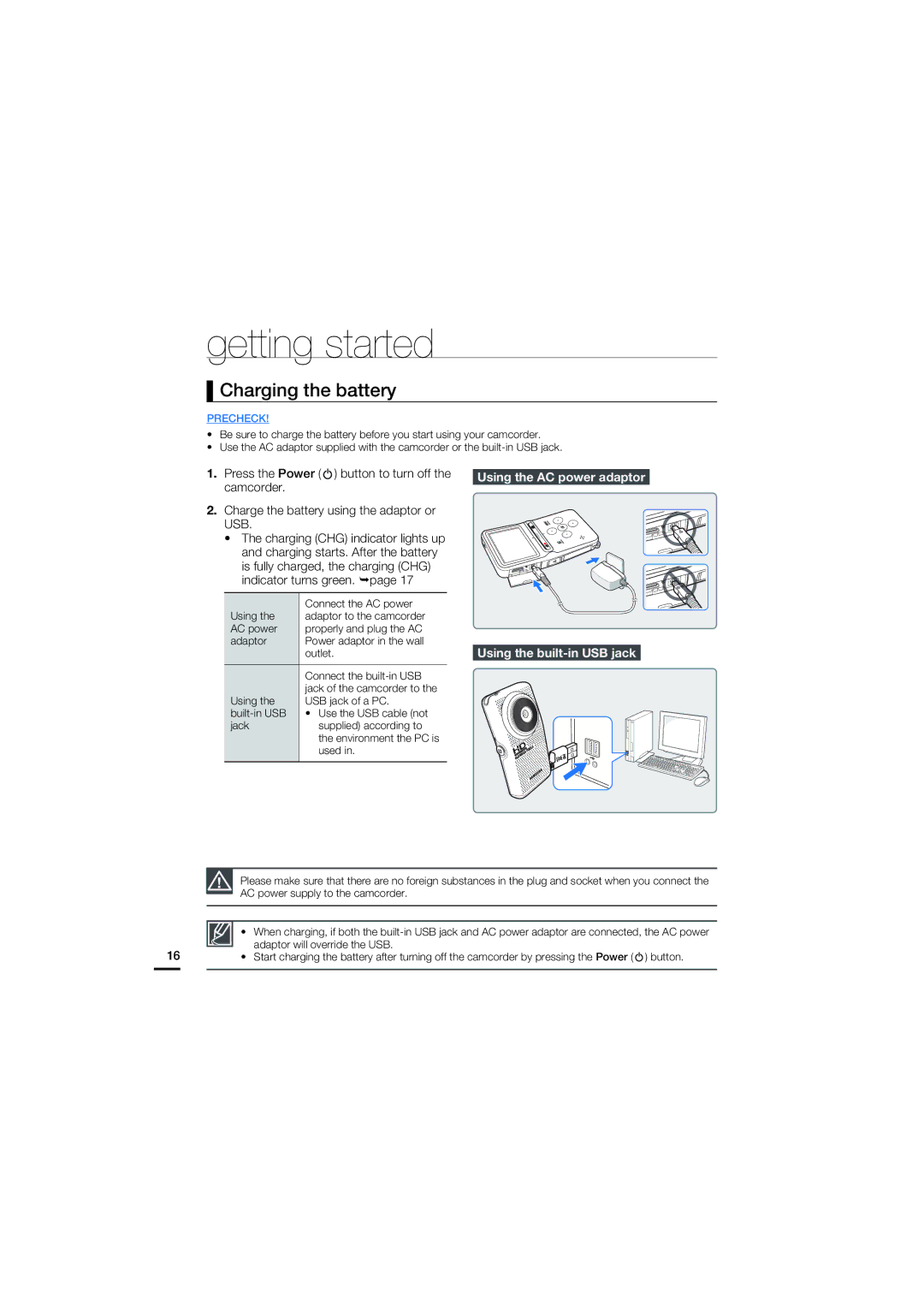 Samsung HMX-U15OP/EDC, HMX-U15BP/EDC manual Charging the battery, Using the AC power adaptor Using the built-in USB jack 