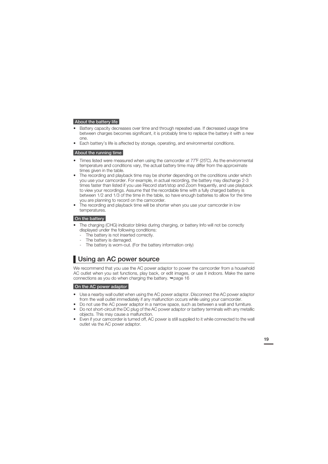 Samsung HMX-U15WP/EDC manual Using an AC power source, About the battery life, About the running time, On the battery 