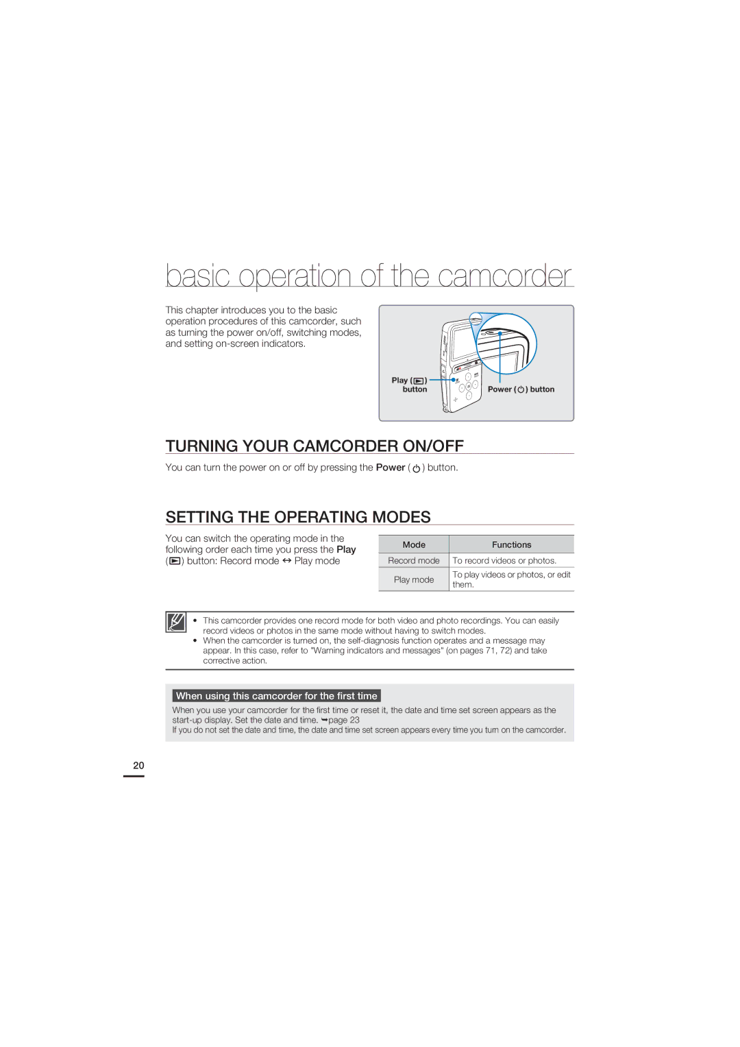 Samsung HMX-U15OP/EDC, HMX-U15BP/EDC, HMX-U15WP/EDC manual Turning Your Camcorder ON/OFF, Setting the Operating Modes 