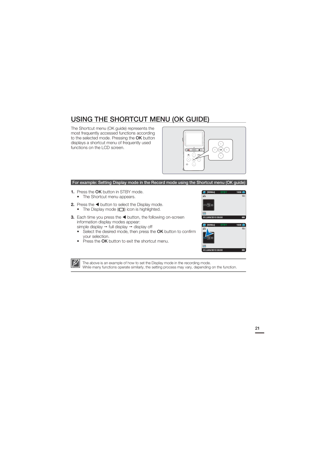 Samsung HMX-U15LP/EDC, HMX-U15BP/EDC, HMX-U15WP/EDC, HMX-U15OP/EDC manual Using the Shortcut Menu OK Guide 