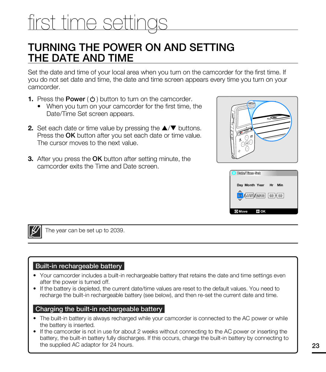 Samsung HMX-U15WP/EDC, HMX-U15BP/EDC manual Built-in rechargeable battery, Charging the built-in rechargeable battery 