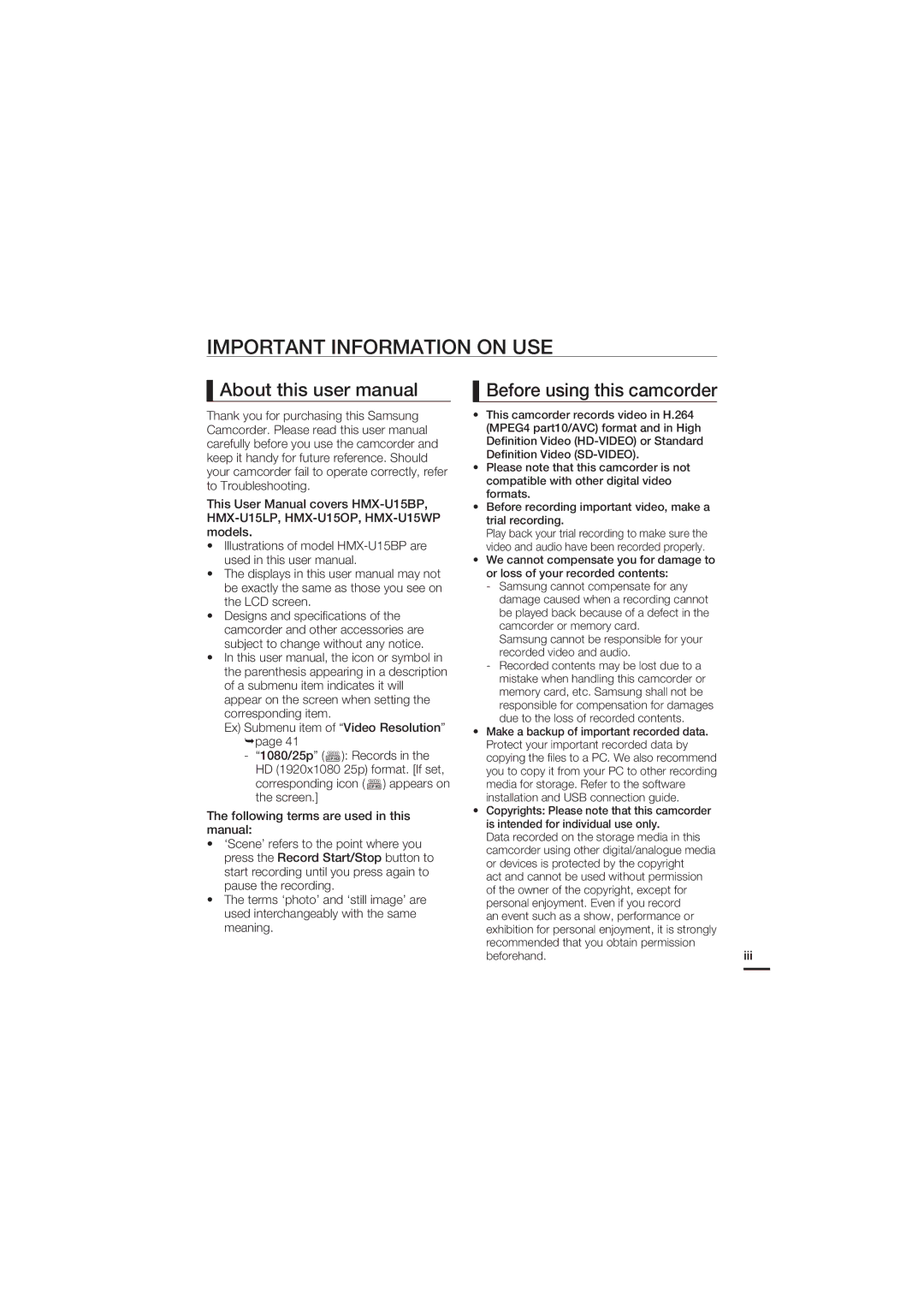 Samsung HMX-U15LP/EDC, HMX-U15BP/EDC, HMX-U15WP/EDC, HMX-U15OP/EDC Important Information on USE, Before using this camcorder 