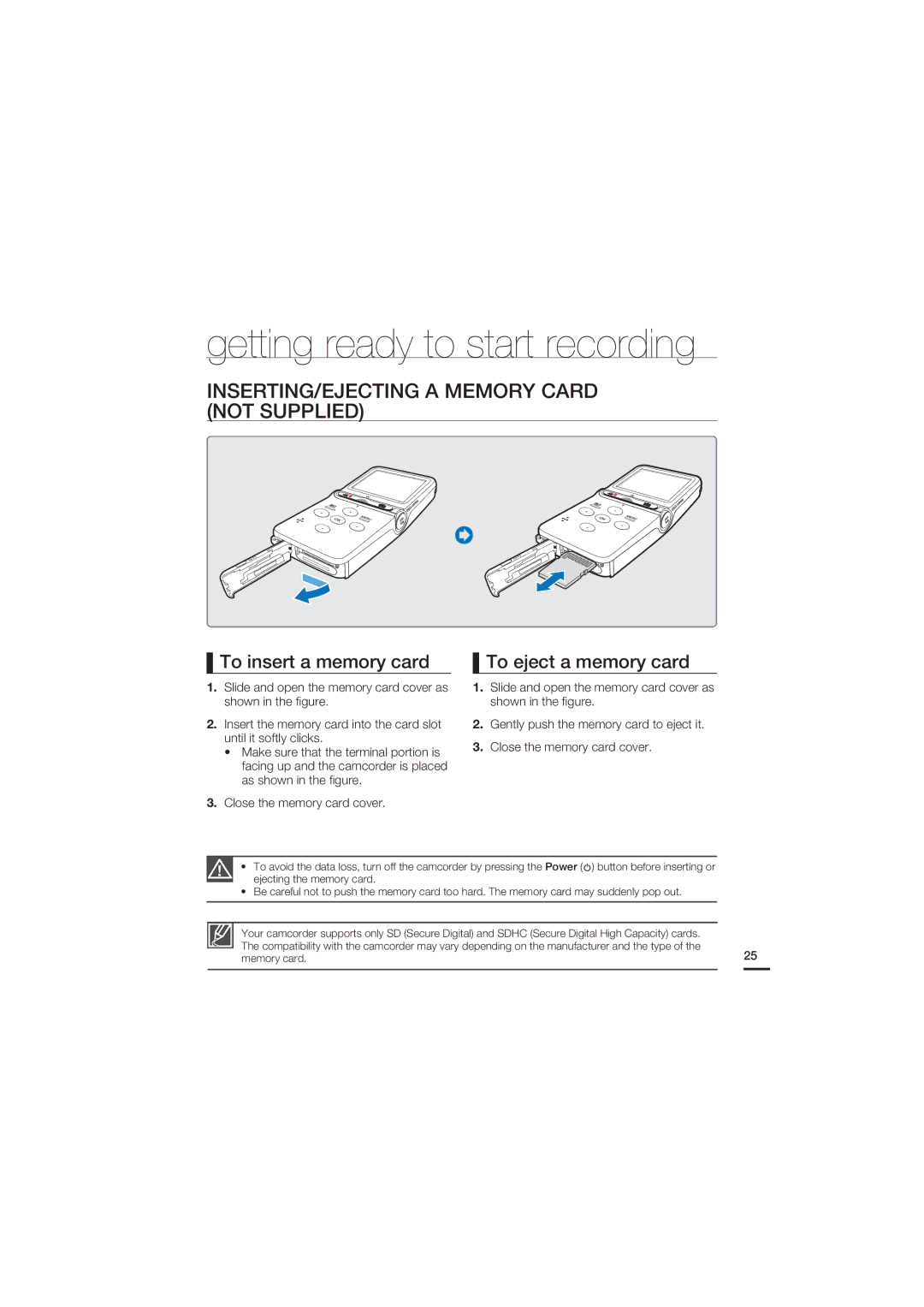 Samsung HMX-U15LP/EDC, HMX-U15BP/EDC manual Getting ready to start recording, INSERTING/EJECTING a Memory Card not Supplied 