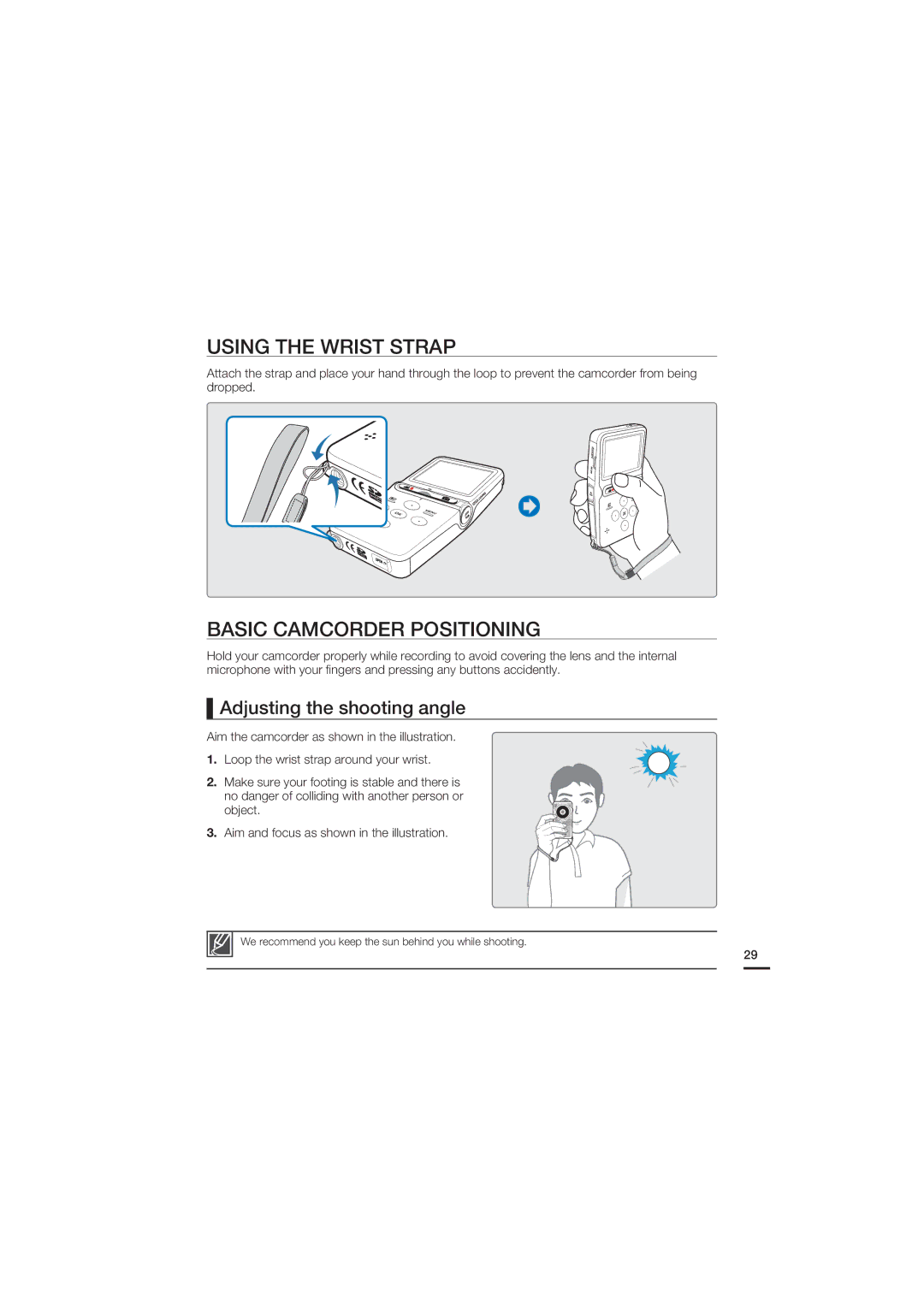 Samsung HMX-U15LP/EDC, HMX-U15BP/EDC manual Using the Wrist Strap, Basic Camcorder Positioning, Adjusting the shooting angle 