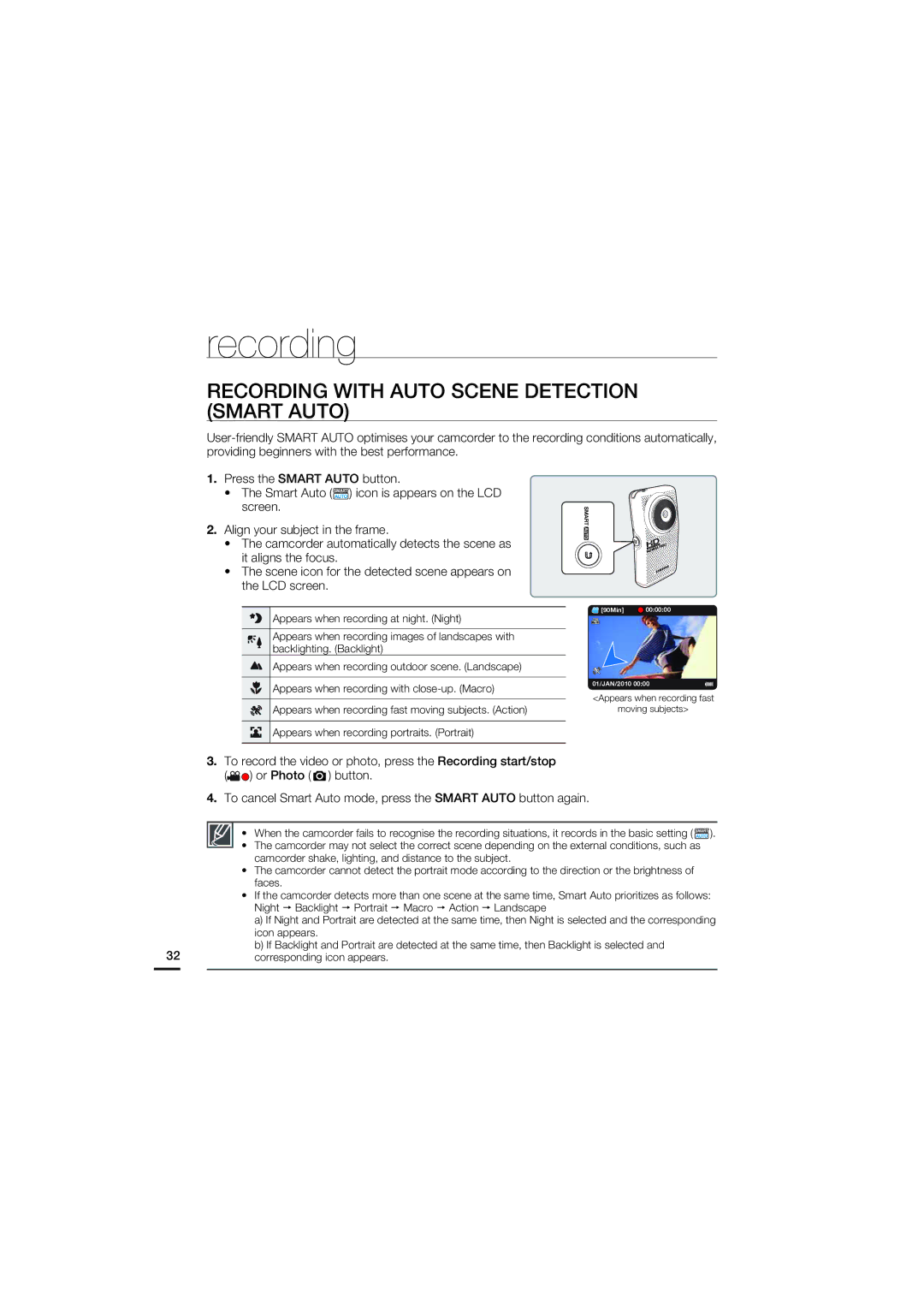 Samsung HMX-U15OP/EDC, HMX-U15BP/EDC, HMX-U15WP/EDC, HMX-U15LP/EDC manual Recording with Auto Scene Detection Smart Auto 