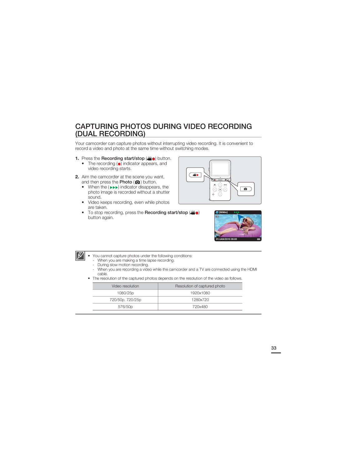 Samsung HMX-U15LP/EDC, HMX-U15BP/EDC, HMX-U15WP/EDC Capturing Photos During Video Recording Dual Recording, Button again 