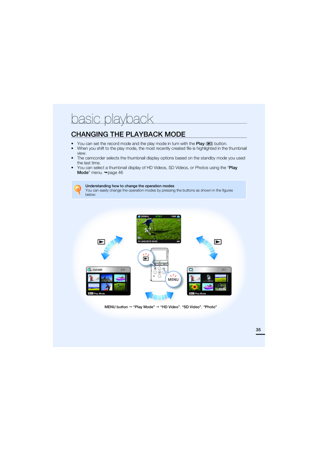 Samsung HMX-U15WP/EDC, HMX-U15BP/EDC, HMX-U15OP/EDC, HMX-U15LP/EDC manual Basic playback, Changing the Playback Mode 