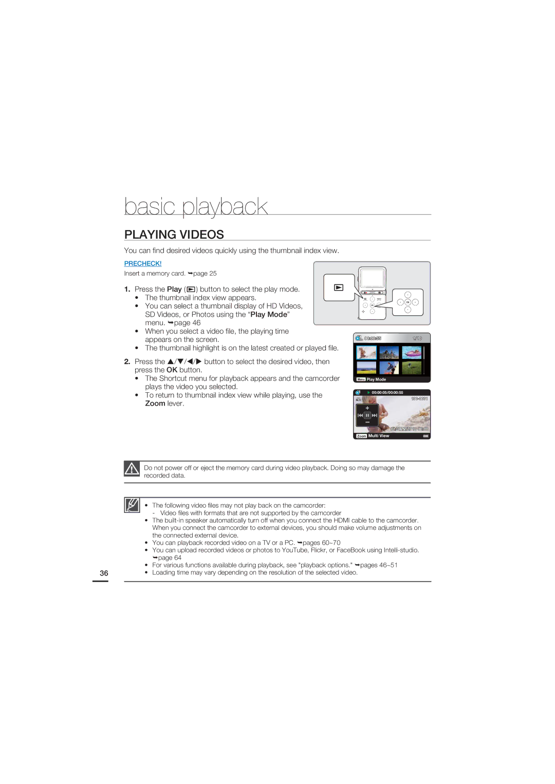 Samsung HMX-U15OP/EDC, HMX-U15BP/EDC, HMX-U15WP/EDC, HMX-U15LP/EDC manual Playing Videos 